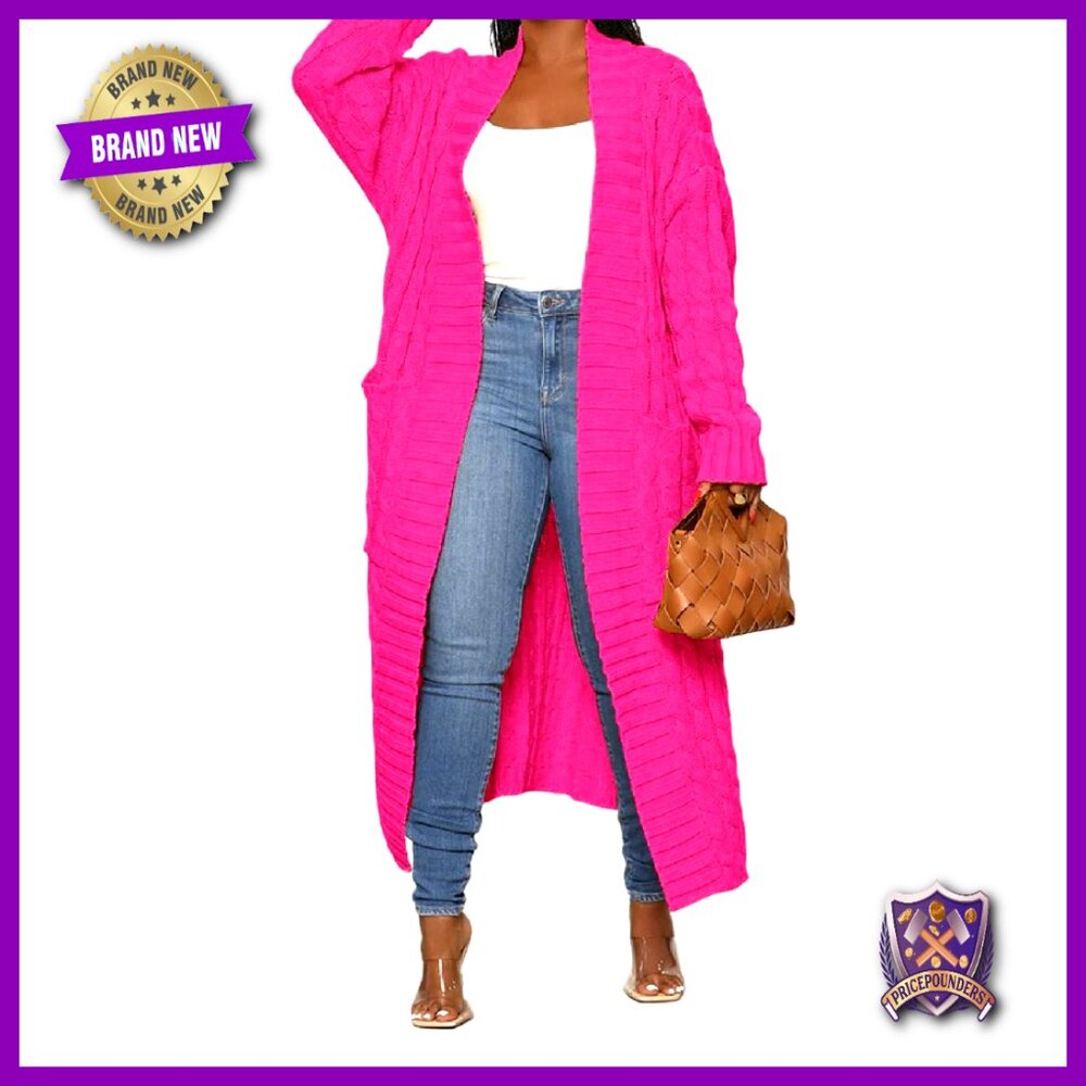 Chunky Cable Knit Cardigan with Pockets, Maxi Length, Oversized Fit